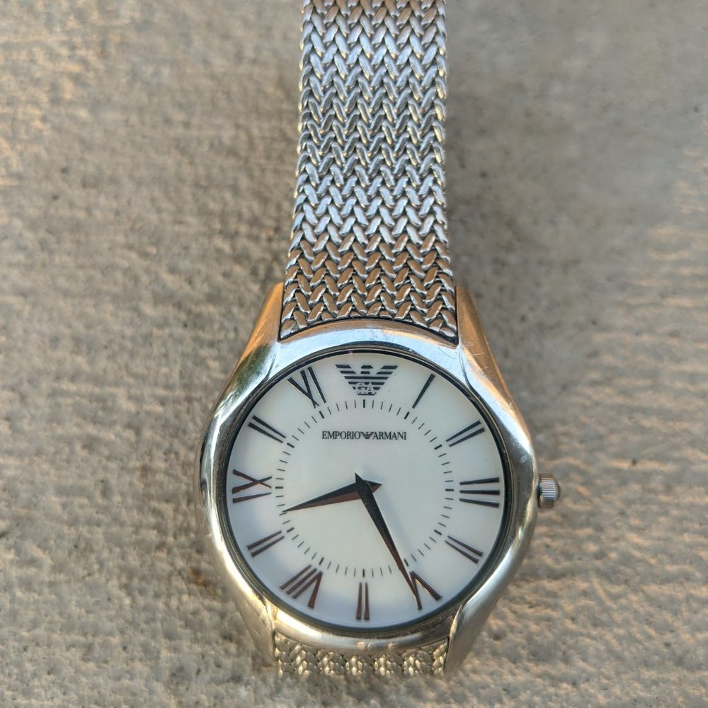Emporio Armani Pearl Dial Silver Mesh Watch - Picture 2 of 5